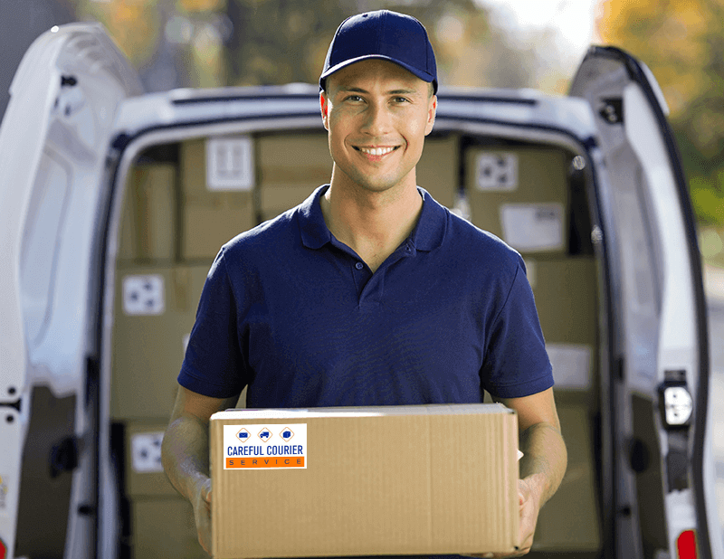 Delivery Driver holding a box, ready to deliver for Careful Courier.